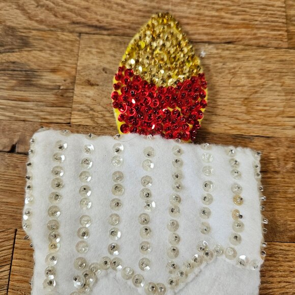 Vintage Christmas Bucilla Style Sequin Felt Wall Hanging Candle Poinsetta Flower - Picture 2 of 6